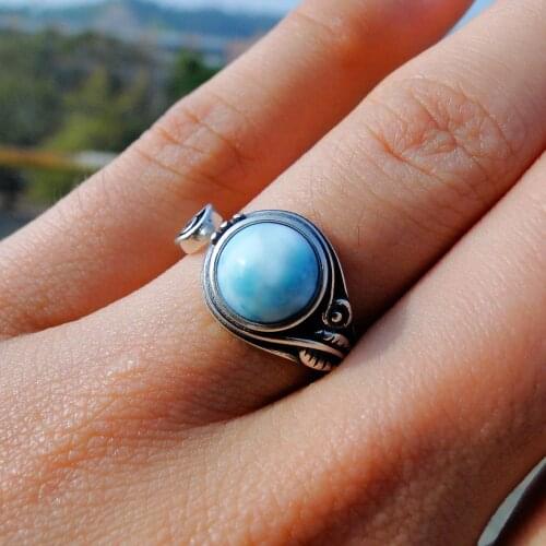 Fashion Wholesale Jewelry Ring 925 Silver Halo Blue 8MM Larimar Ring Engagement Wedding Ring For Women