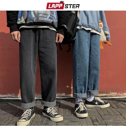 LAPPSTER Men Harajuku Korean Jeans Sweatpants 2020 Mens Blue Jeans Denim Pants Women Japan Vintage Streetwear Harem Pants Black