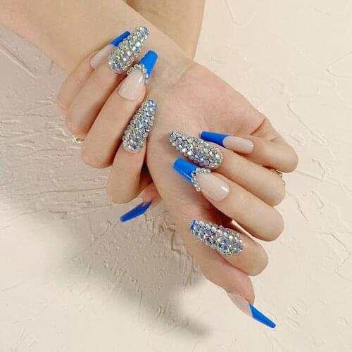Fake Nails Blue French Full Diamond Full Cover Fake Nails DIY Glue Press On Nails Nail Supplies For Professionals
