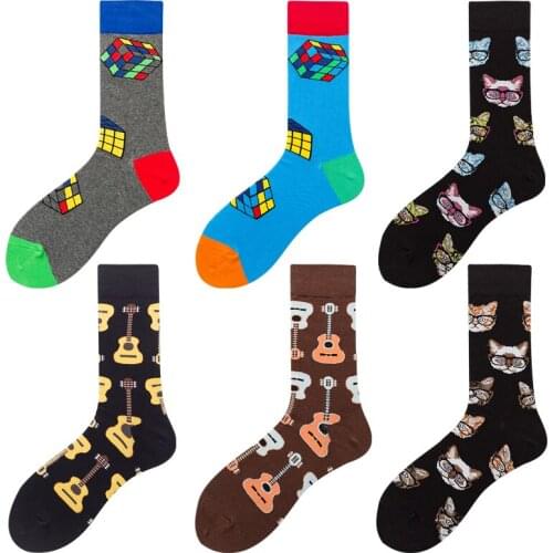 Men Cotton Socks Guita Magic Cube Cat Cool Soft Colorful Happy Funny Socks Fashion Adult Casual Crew Socks Autumn Winter