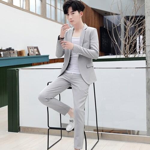 2020 New Summer and Autumn Fashion Casual High Quality Solid Long Sleeves with Nine Minutes Pants Slim Two-piece Mens Suit