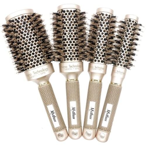 New Design Gold Boar Bristle Nano Ceramic Hair Ionic Round Brush Hairdressing Styling Tool Curling Hairbrush Blowing In 4 Sizes