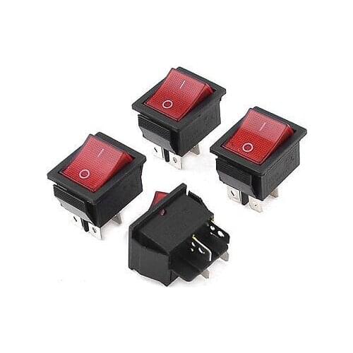 Free shipping!AC250V 15A I/O ON-OFF 4P DPST Red Indicator Lamp Rocker Switch 4 Pieces