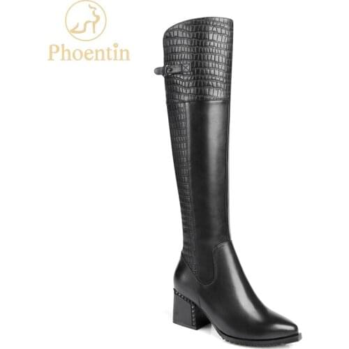 Phoentin genuine leather knee high boots women 2019 side zip female booties square heels Embossing high quality shoes FT812