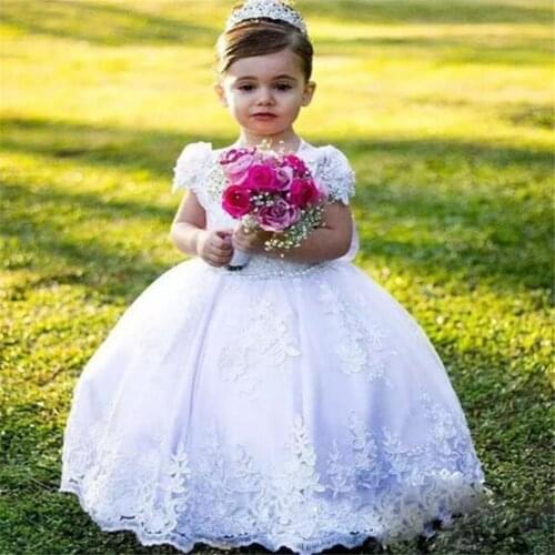 Sweet Little Girls Birthday Party Gowns with Lace Appliques Tulle Flower Girl Dresses for First Holy Communion Prom Dresses