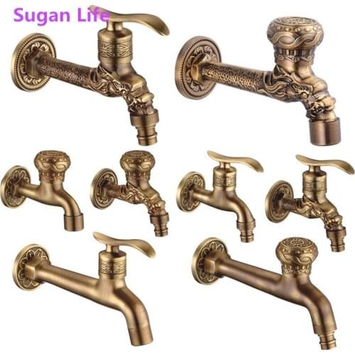 SuganLife Carved Wall Mount Bibcock Brass Retro Tap Decorative Outdoor Garden Taps Washing Machine Mop Luxury Antique WC Faucet
