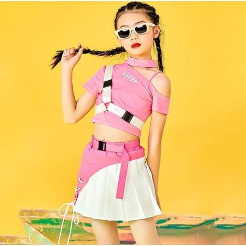 Pink Hip Hop Clothing For Girls Jazz Performance Costume Tops Skirt Street Modern Dance Clothes Kids Catwalk Stage Wear DNV14662