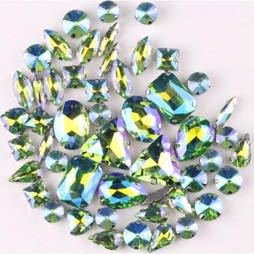 Silver claw setting 50pcs/bag 11 shapes mix Peridot AB glass crystal sewing rhinestone wedding dress shoes bags diy trim