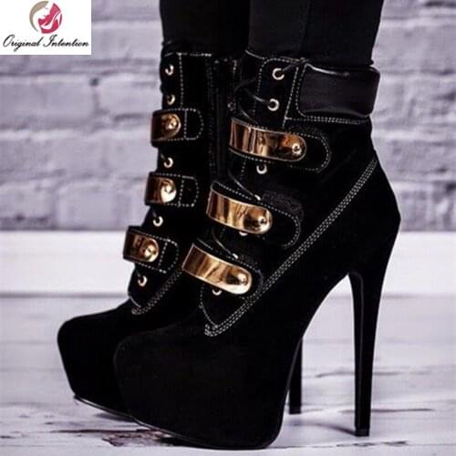 Original Intention Popular Women Ankle Boots Platform Round Toe Thin High Heel Boots Female Black Shoes Woman Plus Size 4-20