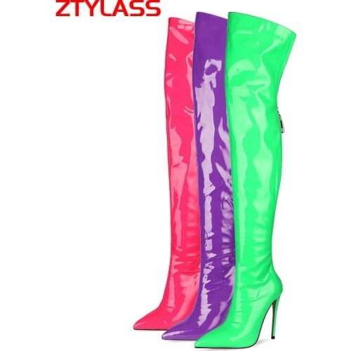 Sexy Stiletto Fluorescent green Women Boots Zipper PU Leather Over The Knee Boots Autumn Winter Pointed Toe Shoes Woman Big Size