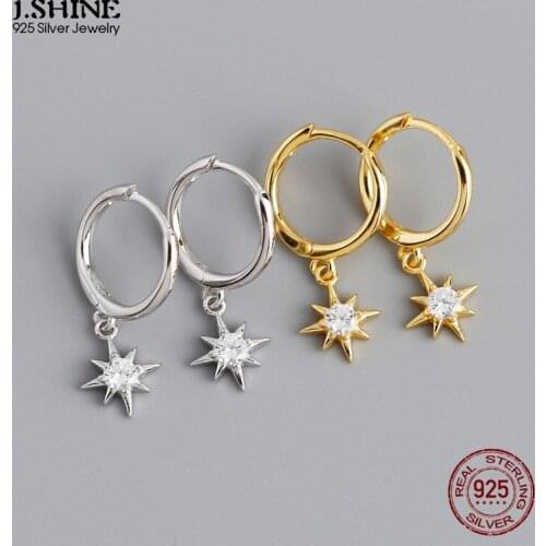 JShine Trendy Octagonal Star Earrings 100% S925 Sterling Silver INS CZ Dangle Small Hoops Sun Earrings Fine Women Accessories