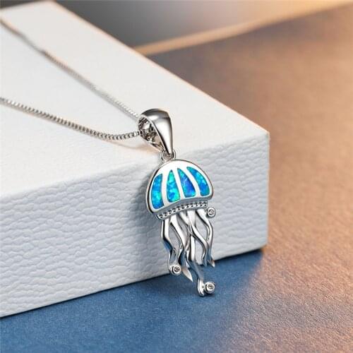 Boho Female Blue Opal Pendant Necklace Trendy Zircon Chain Necklaces For Women Cute Bridal Jellyfish Weddings Necklace