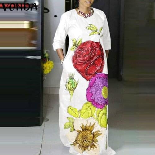 VONDA 2021 Women Spring Dress Casual O Neck Long Sleeve Party Dresses Bohemian Vestidos Loose Vintage Floral Print Dresses