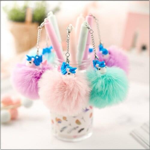 24PCS Korean Creative Cute Fuzzy Ball Pendant Gel Pen Carbon Black 0.5mm Ball Pen Student Stationery Kawaii School Supplies