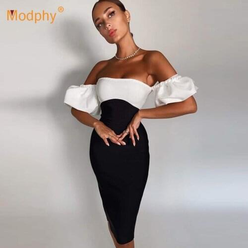 Free Shipping Contrast Color Off Shoulder Bandage Dress Women Sexy Bubble Short Sleeve Bodycon Club Evening Party Vestidos 2021