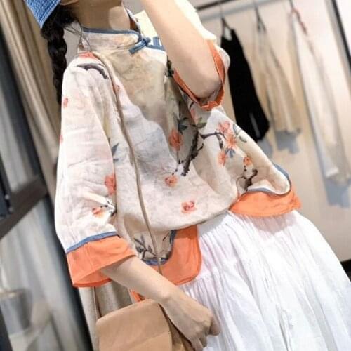 Cotton Linen Print Blouses Femme Tops 2021 Summer New Arts Style Women Half Sleeve Loose Vintage Button Shirts Patchwork