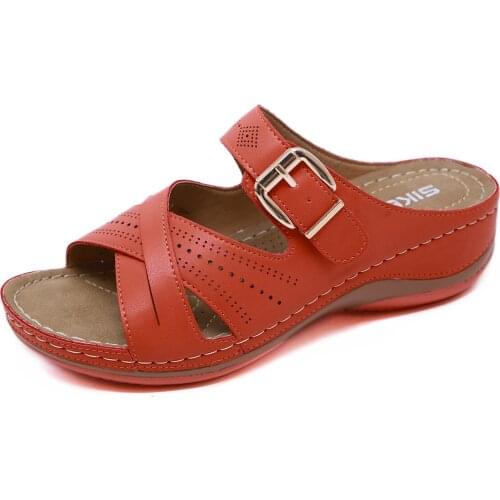 Womens Sandals Ladies Ankle Hollow Round Head Sandals Soft Bottom Beach Shoes Non-slip Summer Wedge Platform Buckle Sandals