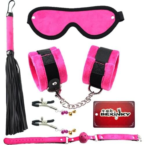 Erotic Sex Toys For Adult Game Pink Faux Fur Erotic BDSM Sex Kits Bondage Handcuffs Sex Game Whip Gag Nipple Clamps SM BdsmToys