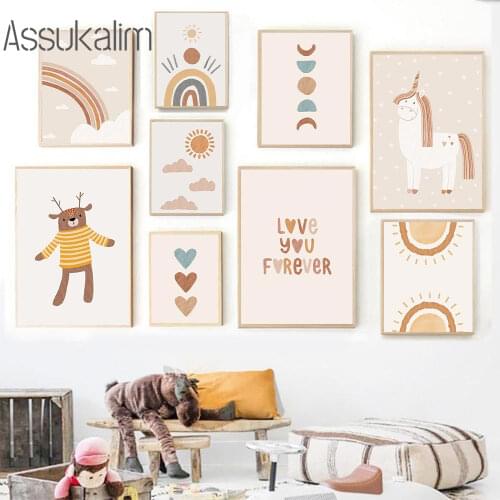 Unicorn Canvas Painting Rainbow Bear Poster Nursery Wall Picture Boho Wall Prints Nordic Posters And Prints Child Room Decor
