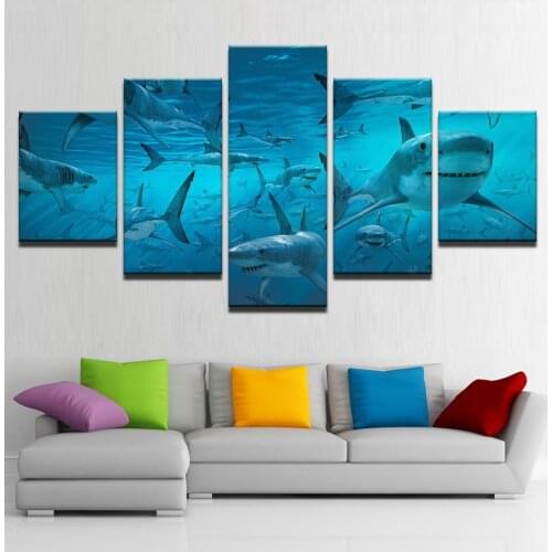 Canvas Oil Painting Print Posters 5 Sheets/set of Painting Shark Group Underwater Scenery Mural Home Decor Painting Frameless