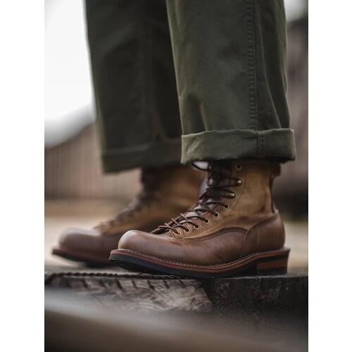 Brown Genuine Leather Shoes Mens Bright Leather Khaki Boots Tooling High-top Riding Boots