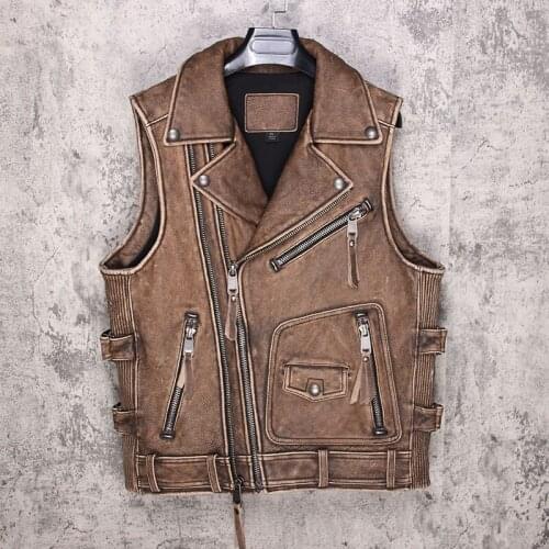 Real Mens Motorcycle Biker Vest Genuine Leather Cowhide Sleeveless Jackets Zipper Punk Short Waistcoat High Quality