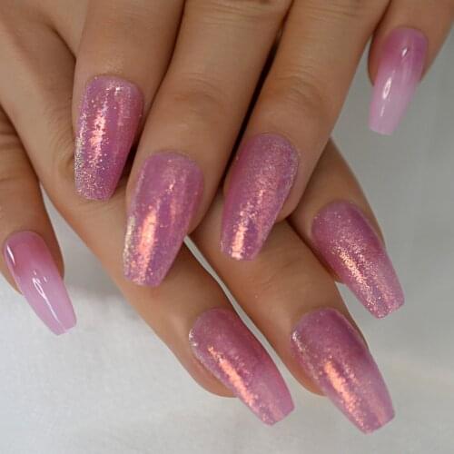 Coffin Ombre Nails Long Fake Nails With Designs Glitter Shimmer Fairy Purple Pink Curved Press On Nail French Tips