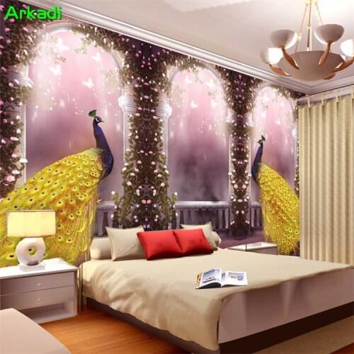Custom 3D European Retro Wallpaper Arch Peacock Flower Dream Garden Flower Rattan Sofa Bedroom TV Background Wall paper Green