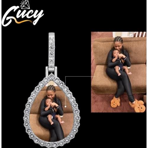 GUCY Drop-Shaped Medal Custom Made Photo Roundness Solid Back Pendant Necklace With Cubic Zircon Mens Hip Hop Jewelry