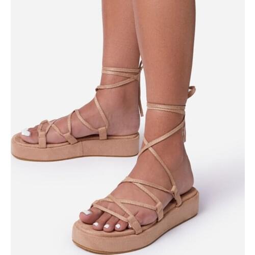 Flock Lace Up Sandals Shoes Summer Women Open Toe Flat Heel Fashion Sandal Flat Heel Cross Strap Big Size 43