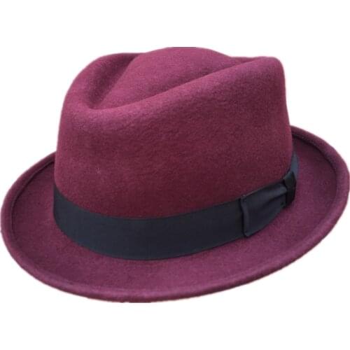 Wool Felt Red Pork Pie Hat Porkpie Jazz Fedora Hat Trilby Stingy Brim Cap