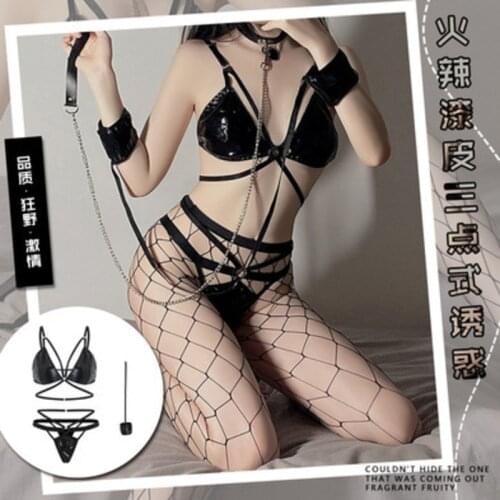Japanese Sexy Glossy Leather Panties Lingerie Hot Erotic Costumes Bustier Corset Passion Three-point Bandage Bra Thong Set AGMZ