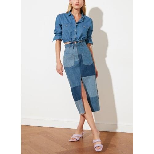 Zipper Closure Blue Color-Blocked Slit Long Womens Denim Skirt Patchwork Patterned 100% Cotton Jean Skirt