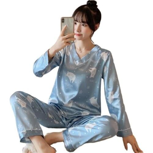 Womens Silk V-neck Long-sleeved Pajamas Set Summer And Autumn Ice Silk Ladies Home Sleepwear Plus Size Satin Cartoon Nightwear
