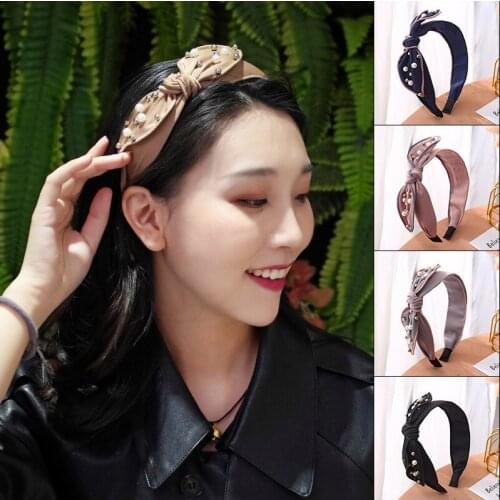 Girls Top Knotted Bow Hair Hoop Beaded Pearls Solid Bowknot Hairband Face Wash Make Up Headband for Womens Headwear Accessories