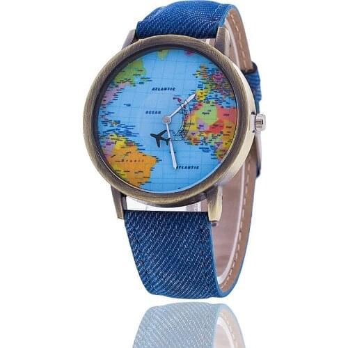 Gnova Platinum Top PU Leather Denim women watch retro plane wristwatch korean fashion world map reloj femenino geneva style