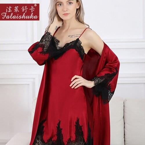 Elegant 100% mulberry silk women robe gown sets summer spaghetti strap nightdress+robes sexy lace wedding silky women sleepwear