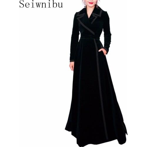 Seiwnibu Runway Autumn Women Trench Coat 2018 Designer Black Velvet XL Long Turn Down Collar Elegant Slim Long Sleeve Outwerwear