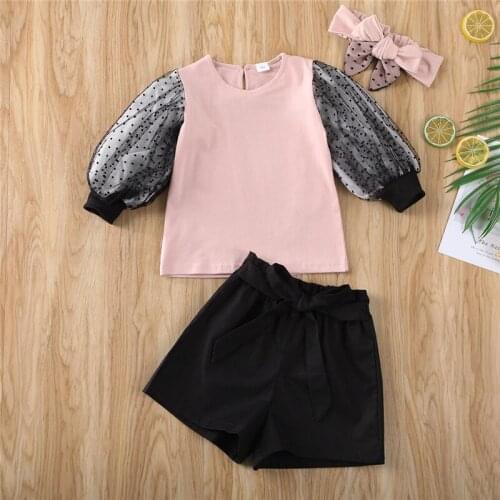 Free shipping Toddler Baby Girls clothes Lace long puff Sleeve pullover Tops solid Bandage Shorts bow Headband 3pc kids Outfits