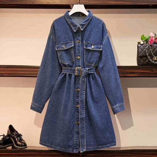5XL 6XL 2020 spring autumn women casual denim dresses single breasted belt plus size loose jean dress Korean fashion JC130