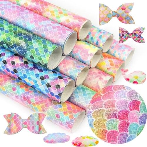 A4 Ombre Glitter Pu Leather DIY Colorful Gradient Fish Scale Pattern Mermaid Handmade EMWSJW