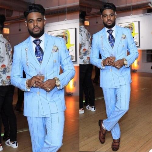 Two Pieces Pinstripe Blue Men Suits Custom Made Formal Spring Suits Double Breasted Tuxedos Peaked Lapel Blazer Formal Coat+Pant