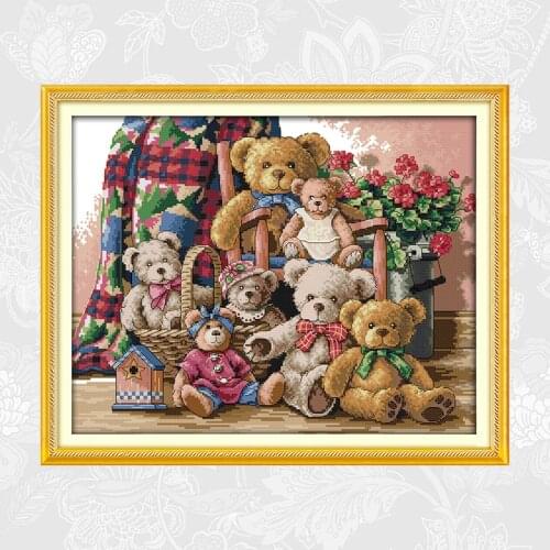 Bear Family Paintings Cross Stitch Printed Canvas DIY Hand Made Embroidery Sets for Needlework Accessories Thread Crafts