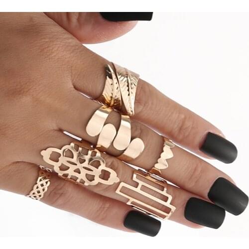 Bohemian Geometric Gold Color Rings Set Hollow Design Feather Ring for Women 2020 New Years Jewelry Gifts