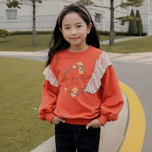 Autumn Children Clothes Teenager Girls Orange Color Sweatshirts Warm Kids Pullover for Girl Long Sleeve Lace Flower Tops