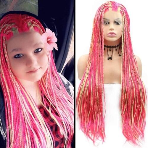 Long Braid Pink Mix Yellow Wig Synthetic Lace Front High Density Mix Color Braids Fully Hand Tied Daily Wear Wigs for Women