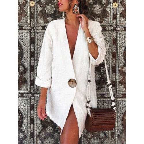 Cotton and Linen Big Button Blazer Women V-Neck Solid Colors Mid-Length Casual Office Blazer Spring Autumn Jacket Boho Large