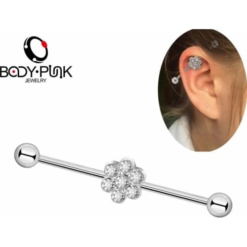 BODY PUNK Stainless Steel With Rhinestone Flowetr Pattern Industrial Barbell Piercing Stud Plug Body Piercing Jewelry For Women