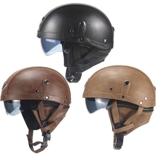 Vintage PU Leather scooter helmet Retro Motorcycle half helmet Electric motorbike helmet Moto casco with free goggles
