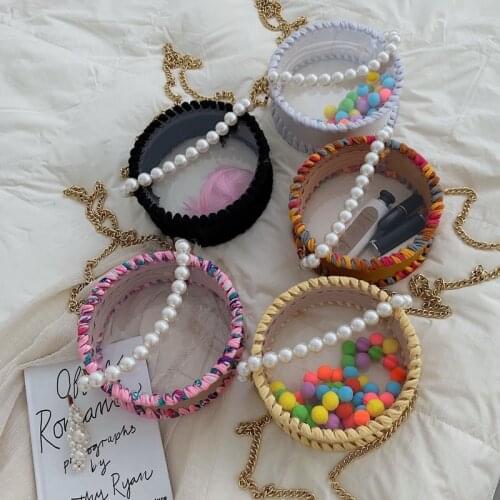 Luxury style handmade woven purses round shape pearl transparent acrylic transparent handbag diy material colorful crossbody bag